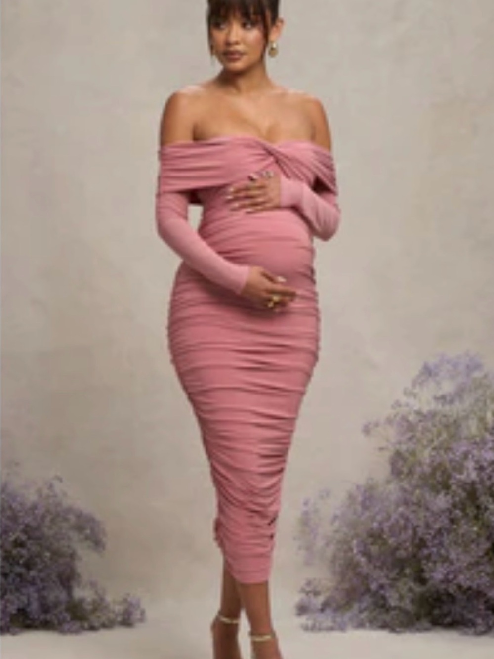 Maternity Club London Blush Bardot Twist Long Sleeve Maxi Dress in Blush